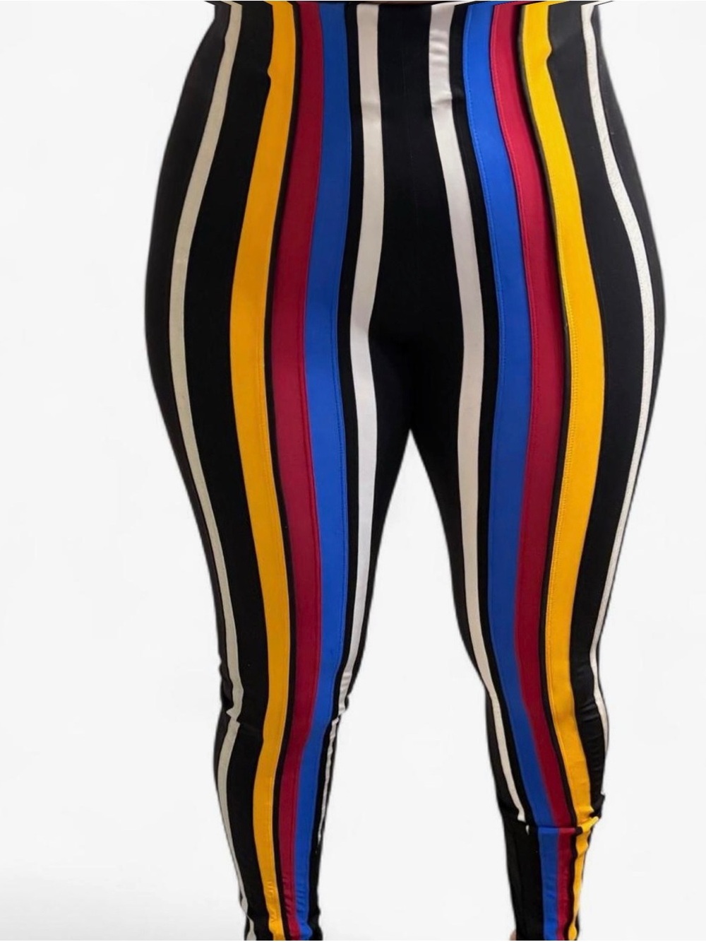 High-Waist Black Multi-Stripe Leggings with Blue, Yellow & Red Accents